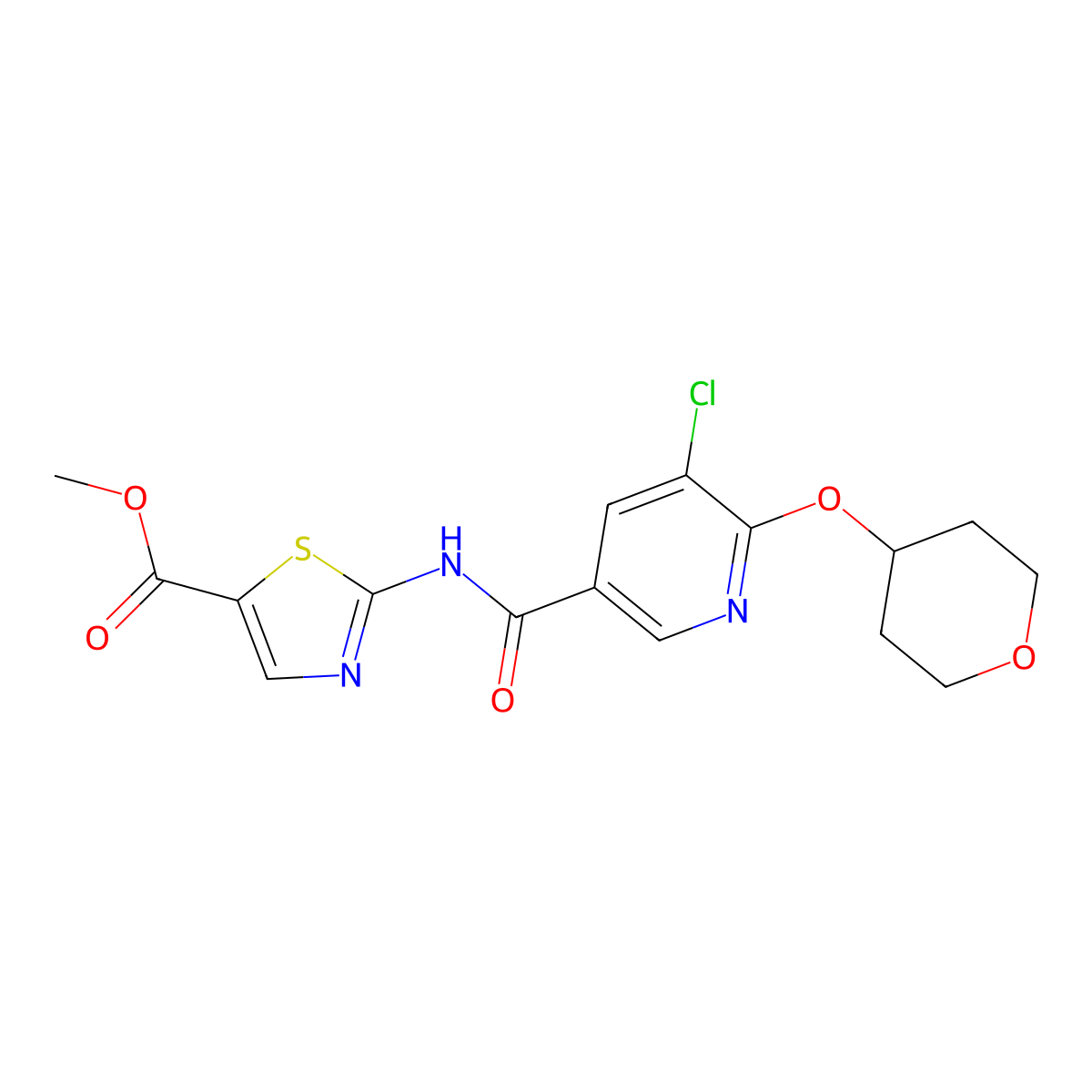 methyl 2-(5-chloro-6-((tetrahydro-2H-pyran-4-yl)oxy)nicotinamido)thiazole-5-carboxylate molecular structure, CAS 1903570-15-9