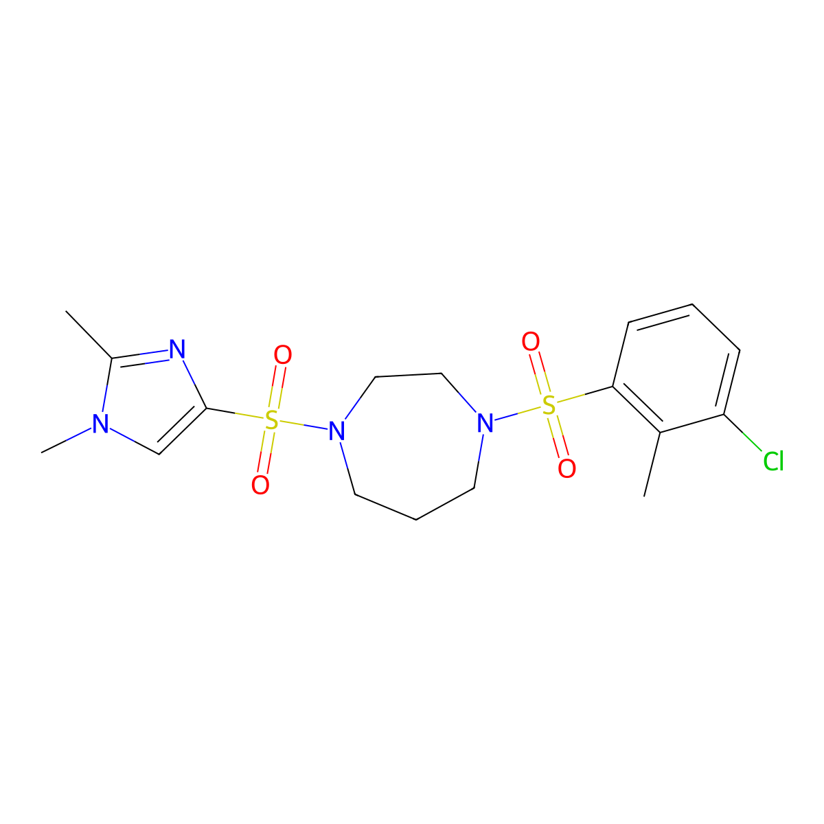 1-((3-chloro-2-methylphenyl)sulfonyl)-4-((1,2-dimethyl-1H-imidazol-4-yl)sulfonyl)-1,4-diazepane molecular structure, CAS 1903580-25-5