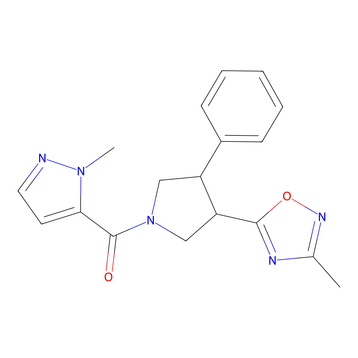 (3-(3-methyl-1,2,4-oxadiazol-5-yl)-4-phenylpyrrolidin-1-yl)(1-methyl-1H-pyrazol-5-yl)methanone molecular structure, CAS 1903601-96-6