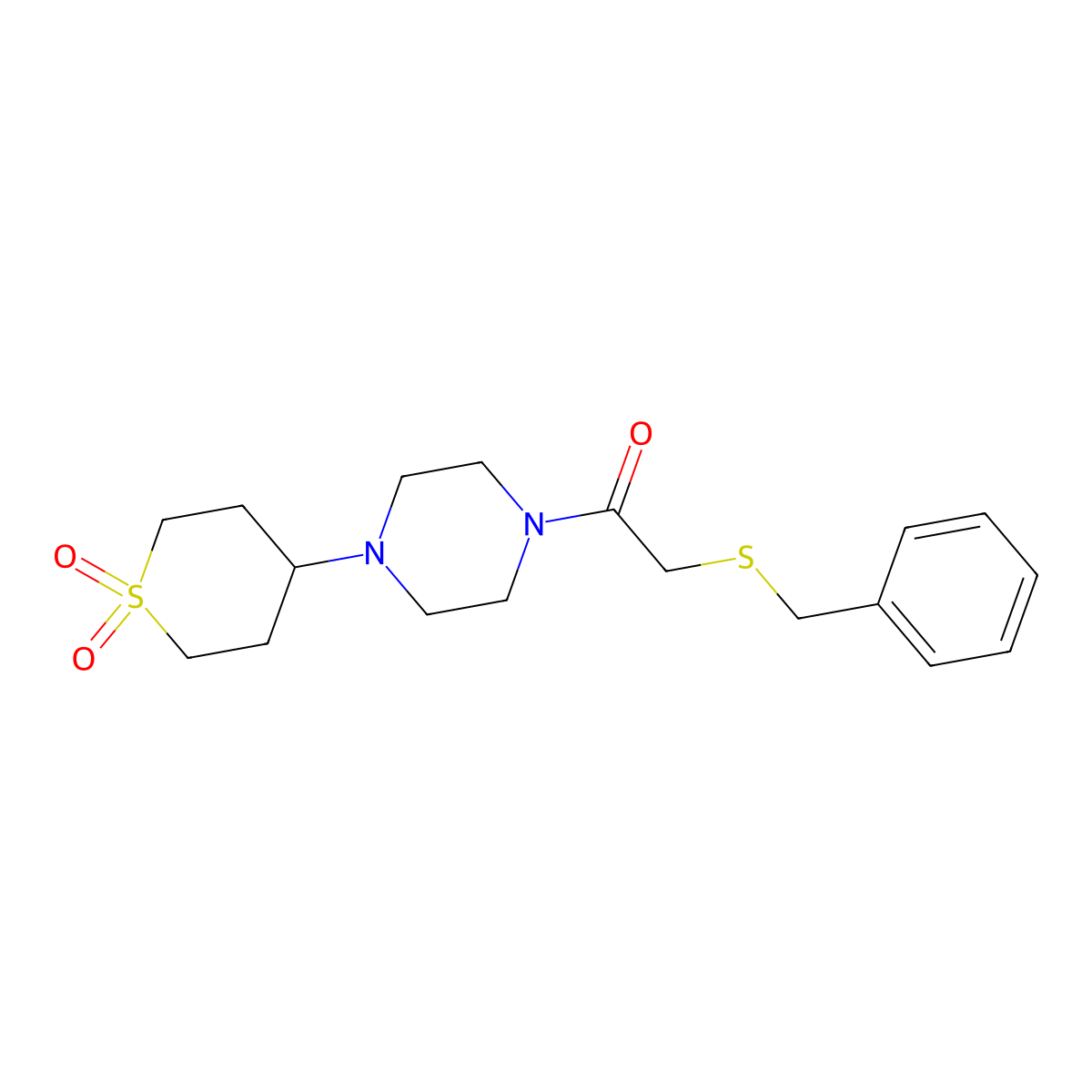 2-(benzylthio)-1-(4-(1,1-dioxidotetrahydro-2H-thiopyran-4-yl)piperazin-1-yl)ethanone molecular structure, CAS 1903602-27-6