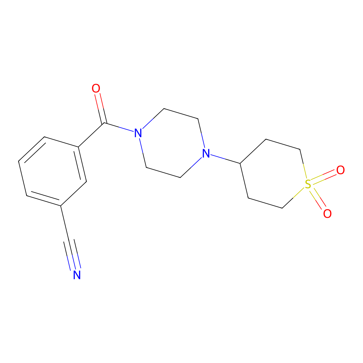 3-(4-(1,1-dioxidotetrahydro-2H-thiopyran-4-yl)piperazine-1-carbonyl)benzonitrile molecular structure, CAS 1903602-61-8