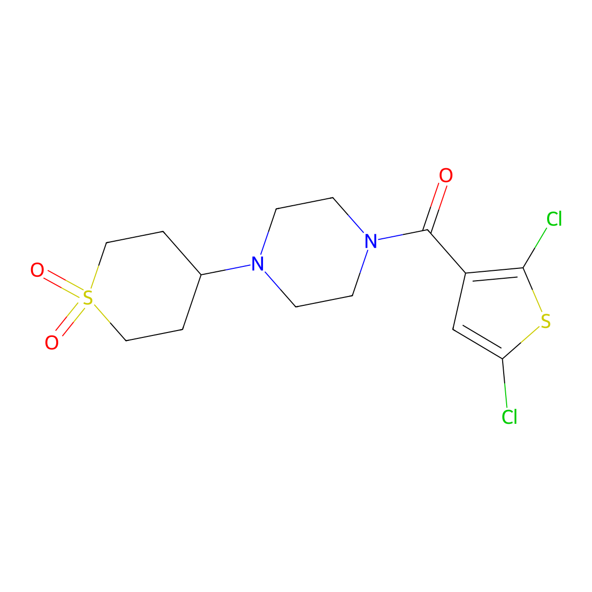(2,5-dichlorothiophen-3-yl)(4-(1,1-dioxidotetrahydro-2H-thiopyran-4-yl)piperazin-1-yl)methanone molecular structure, CAS 1903602-68-5