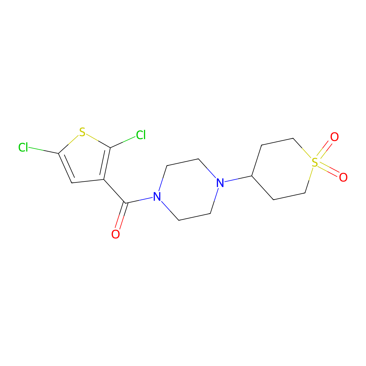 (2,5-dichlorothiophen-3-yl)(4-(1,1-dioxidotetrahydro-2H-thiopyran-4-yl)piperazin-1-yl)methanone molecular structure, CAS 1903602-68-5