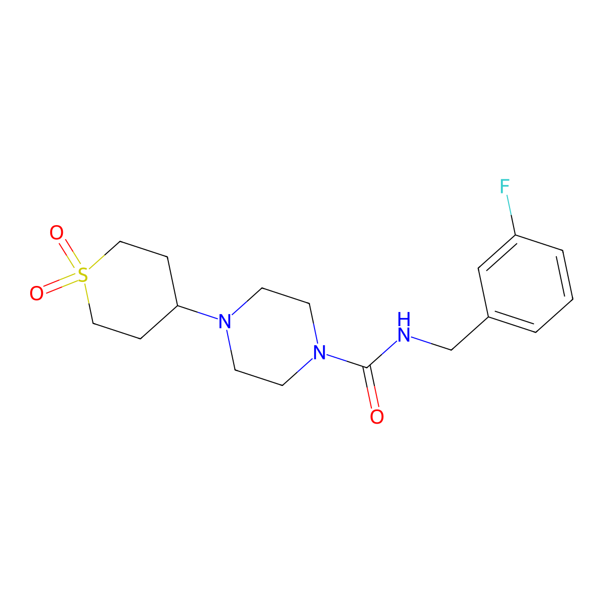 4-(1,1-dioxidotetrahydro-2H-thiopyran-4-yl)-N-(3-fluorobenzyl)piperazine-1-carboxamide molecular structure, CAS 1903602-84-5