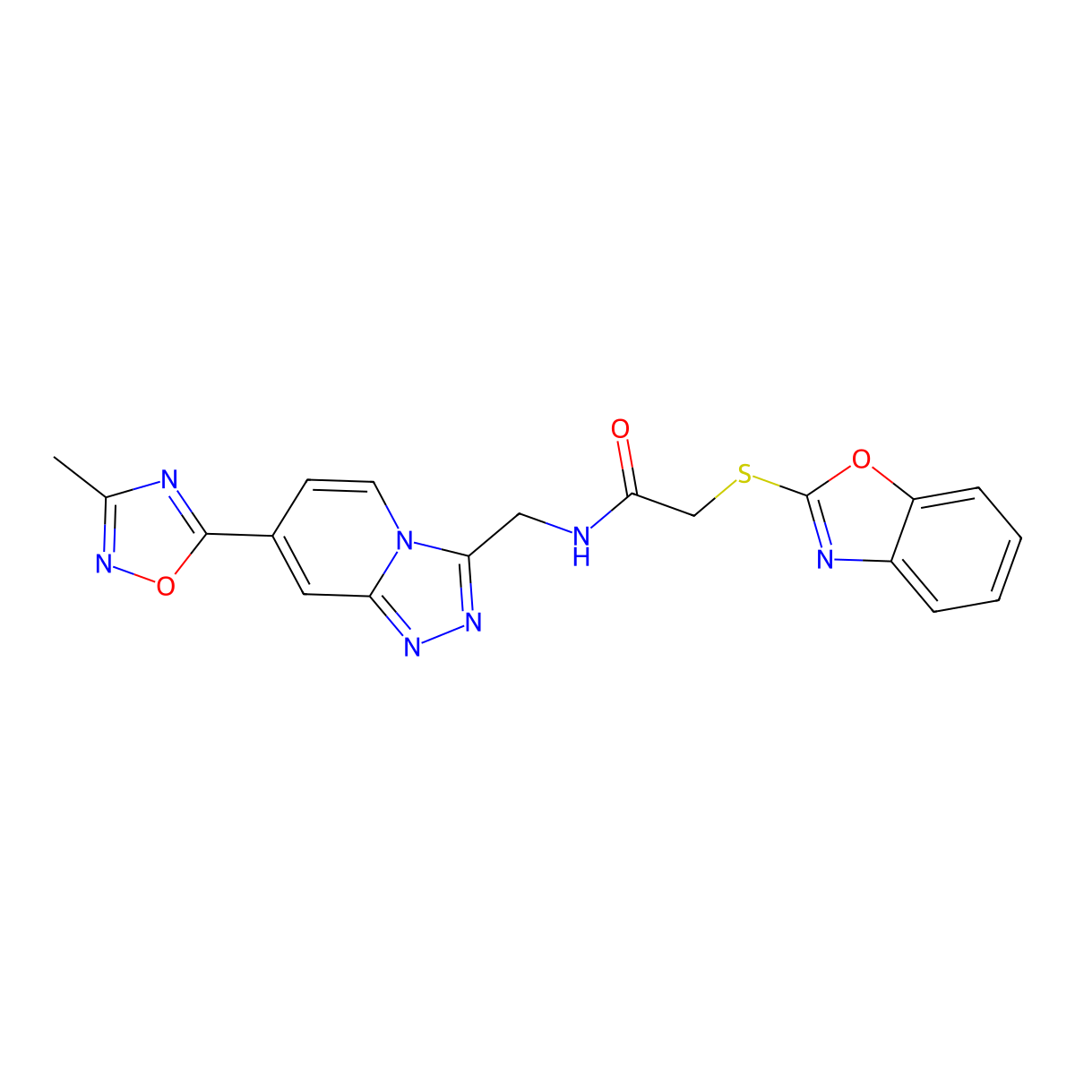 2-(benzo[d]oxazol-2-ylthio)-N-((7-(3-methyl-1,2,4-oxadiazol-5-yl)-[1,2,4]triazolo[4,3-a]pyridin-3-yl)methyl)acetamide molecular structure, CAS 1903603-94-0