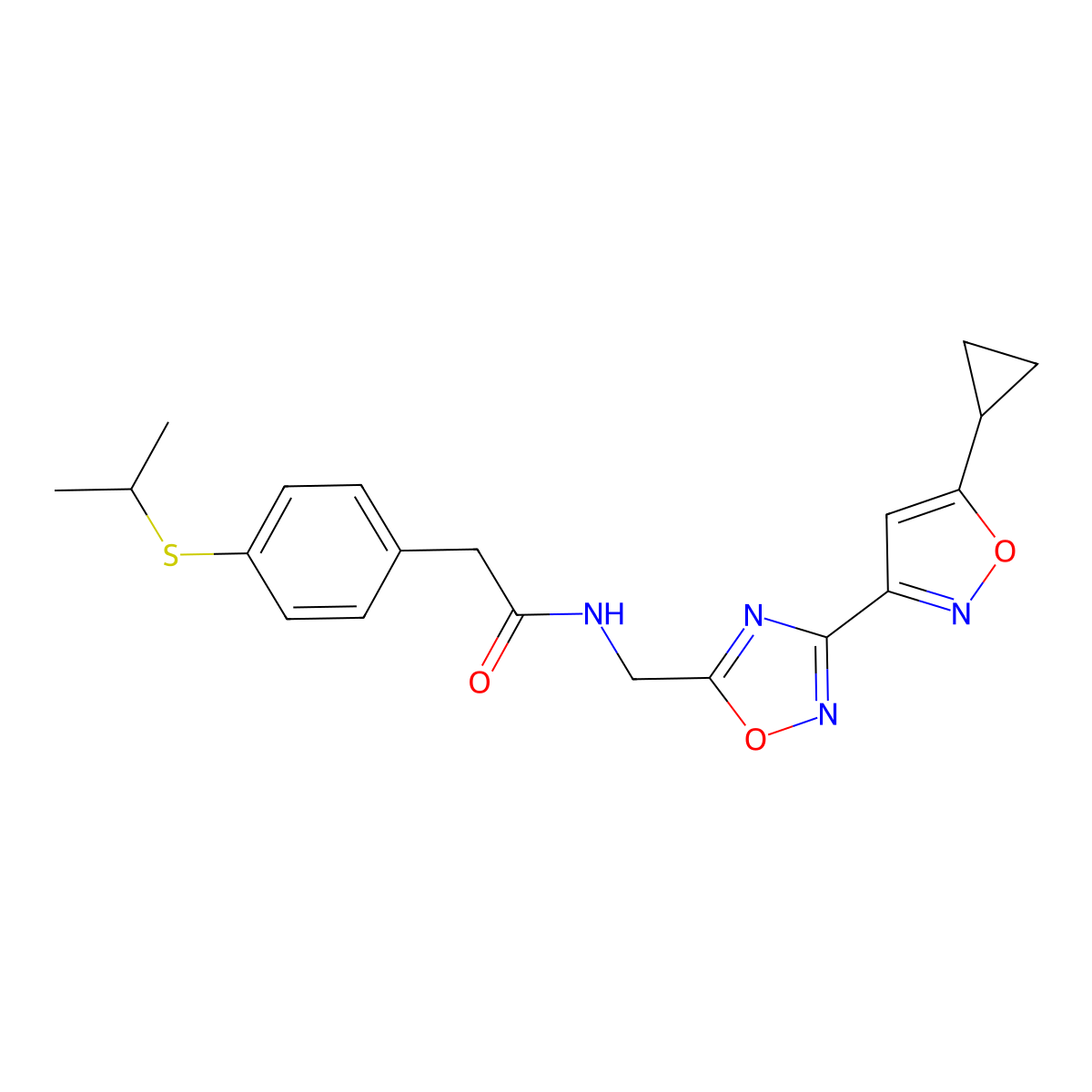 N-((3-(5-cyclopropylisoxazol-3-yl)-1,2,4-oxadiazol-5-yl)methyl)-2-(4-(isopropylthio)phenyl)acetamide molecular structure, CAS 1903607-64-6