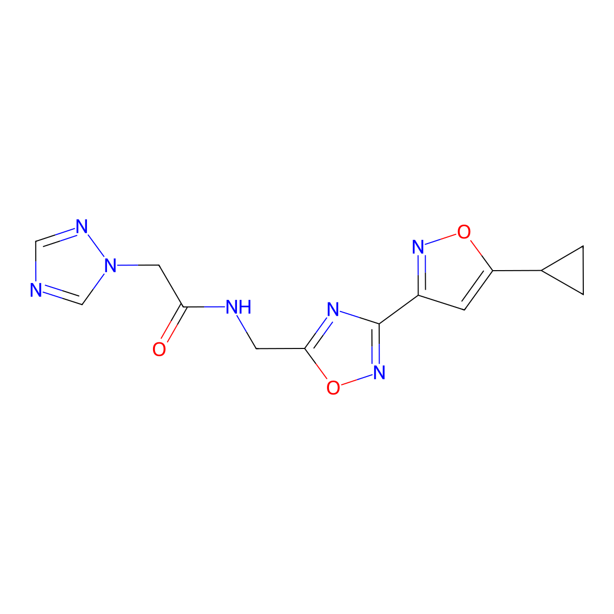 N-((3-(5-cyclopropylisoxazol-3-yl)-1,2,4-oxadiazol-5-yl)methyl)-2-(1H-1,2,4-triazol-1-yl)acetamide molecular structure, CAS 1903607-76-0