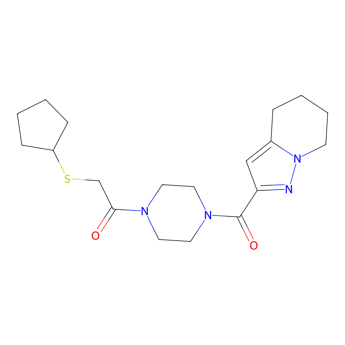 2-(Cyclopentylthio)-1-(4-(4,5,6,7-tetrahydropyrazolo[1,5-a]pyridine-2-carbonyl)piperazin-1-yl)ethanone molecular structure, CAS 1903614-75-4