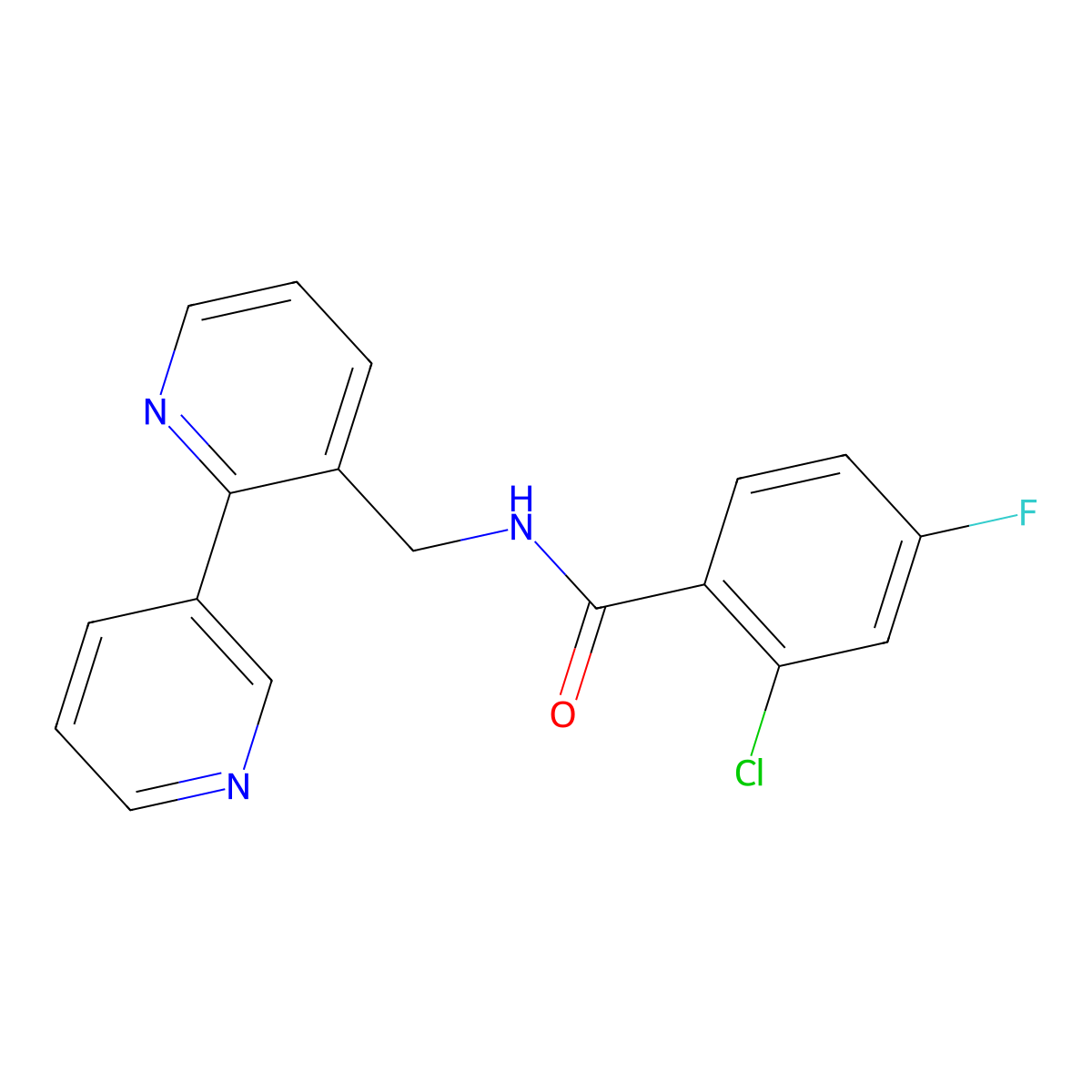 N-({[2,3'-bipyridine]-3-yl}methyl)-2-chloro-4-fluorobenzamide molecular structure, CAS 1903616-30-7