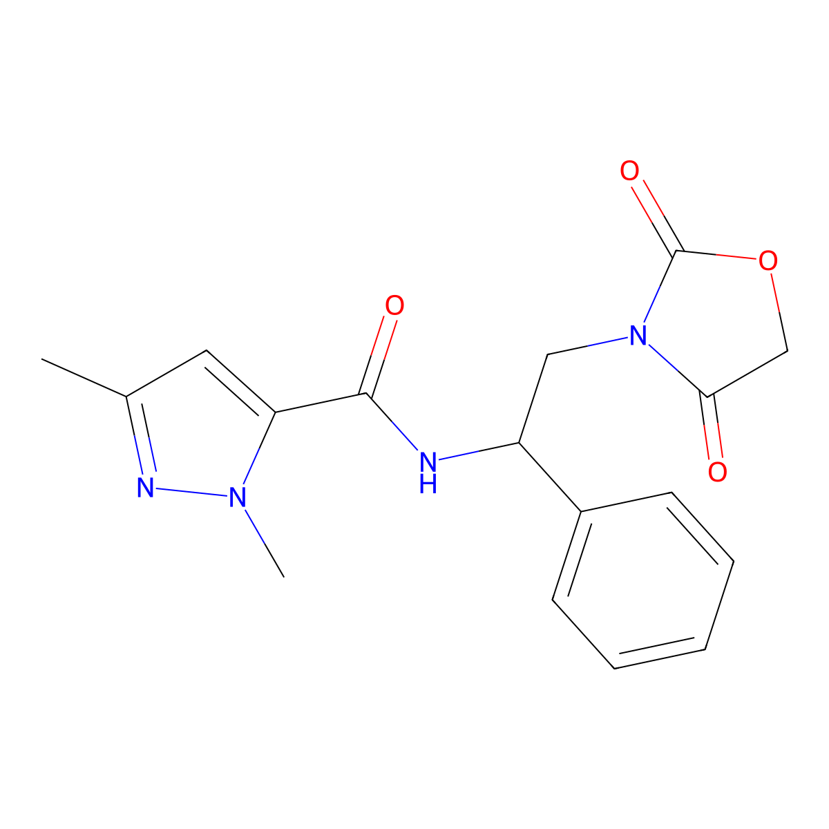 N-(2-(2,4-dioxooxazolidin-3-yl)-1-phenylethyl)-1,3-dimethyl-1H-pyrazole-5-carboxamide molecular structure, CAS 1903621-02-2