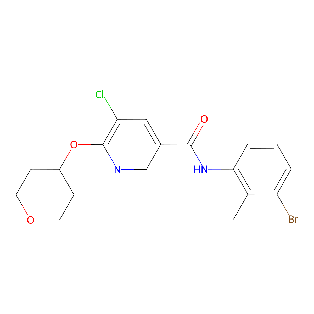 N-(3-bromo-2-methylphenyl)-5-chloro-6-(oxan-4-yloxy)pyridine-3-carboxamide molecular structure, CAS 1903624-65-6