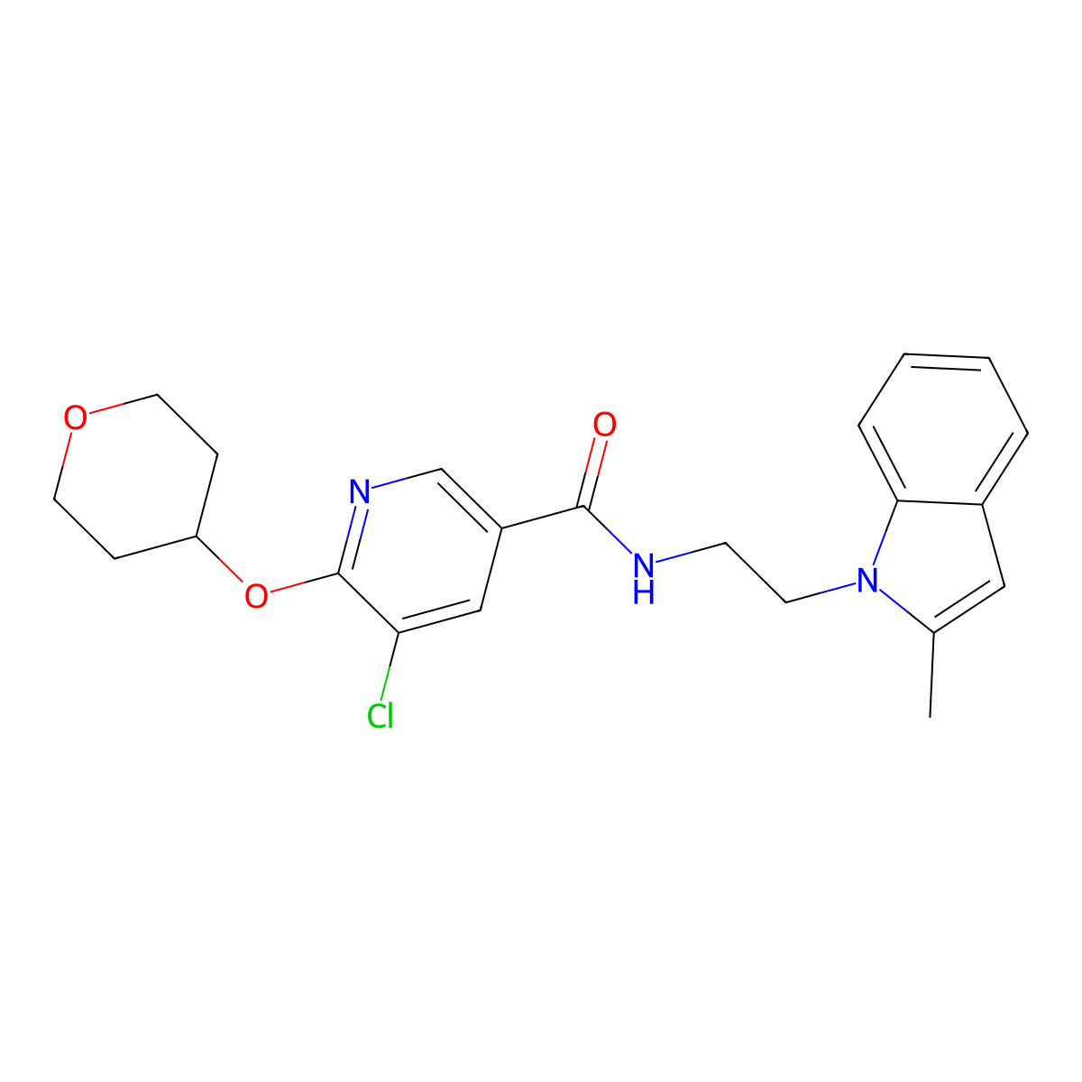 5-chloro-N-(2-(2-methyl-1H-indol-1-yl)ethyl)-6-((tetrahydro-2H-pyran-4-yl)oxy)nicotinamide molecular structure, CAS 1903624-94-1