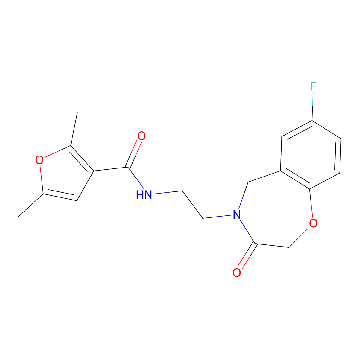 N-(2-(7-fluoro-3-oxo-2,3-dihydrobenzo[f][1,4]oxazepin-4(5H)-yl)ethyl)-2,5-dimethylfuran-3-carboxamide molecular structure, CAS 1903633-70-4