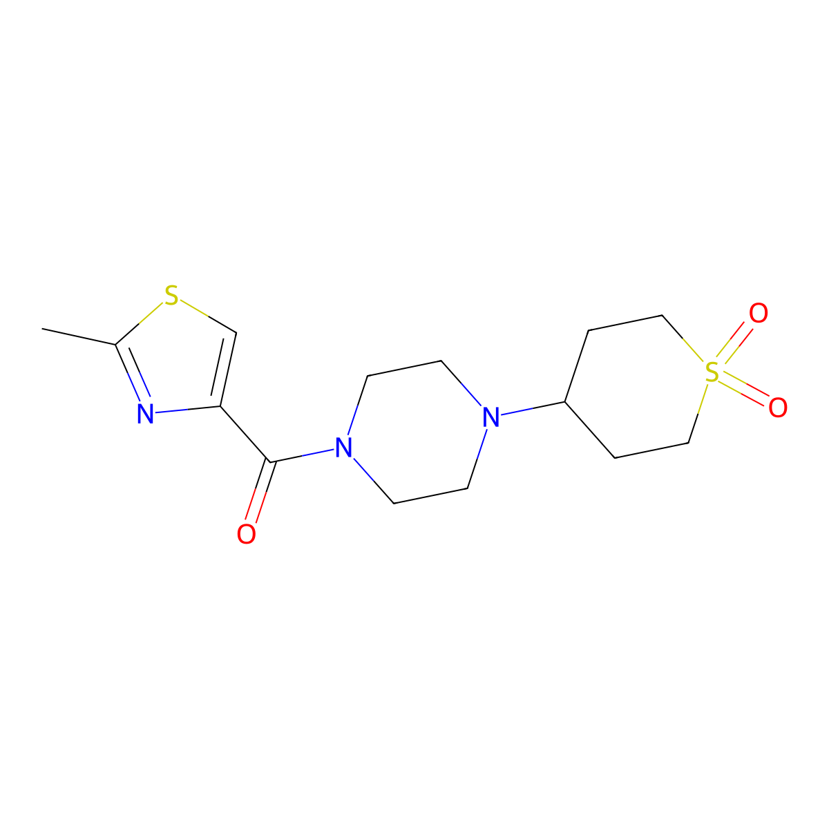 (4-(1,1-dioxidotetrahydro-2H-thiopyran-4-yl)piperazin-1-yl)(2-methylthiazol-4-yl)methanone molecular structure, CAS 1903637-07-9