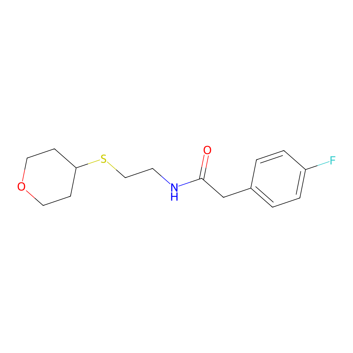 2-(4-fluorophenyl)-N-[2-(oxan-4-ylsulfanyl)ethyl]acetamide molecular structure, CAS 1903643-70-8
