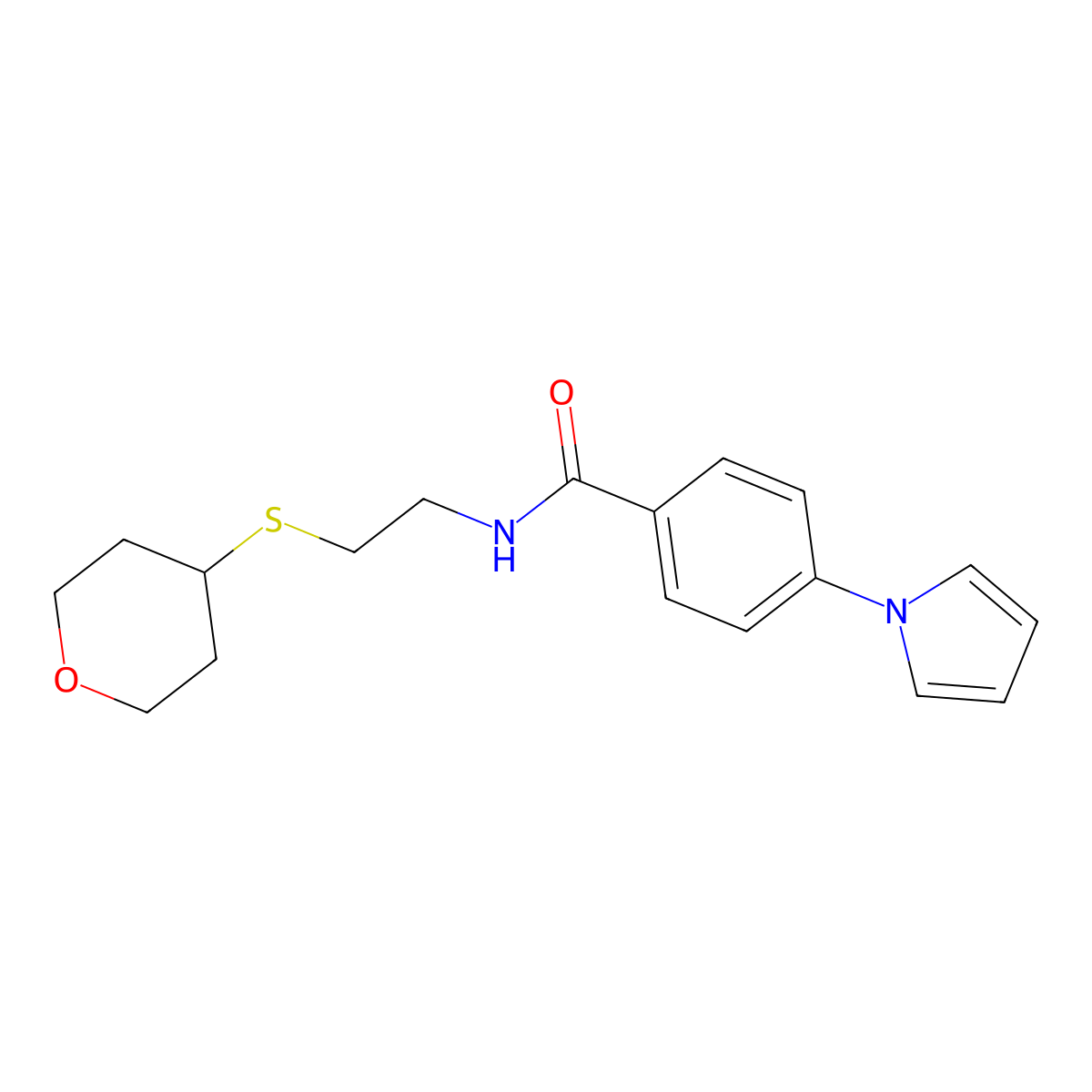 4-(1H-pyrrol-1-yl)-N-(2-((tetrahydro-2H-pyran-4-yl)thio)ethyl)benzamide molecular structure, CAS 1903644-39-2