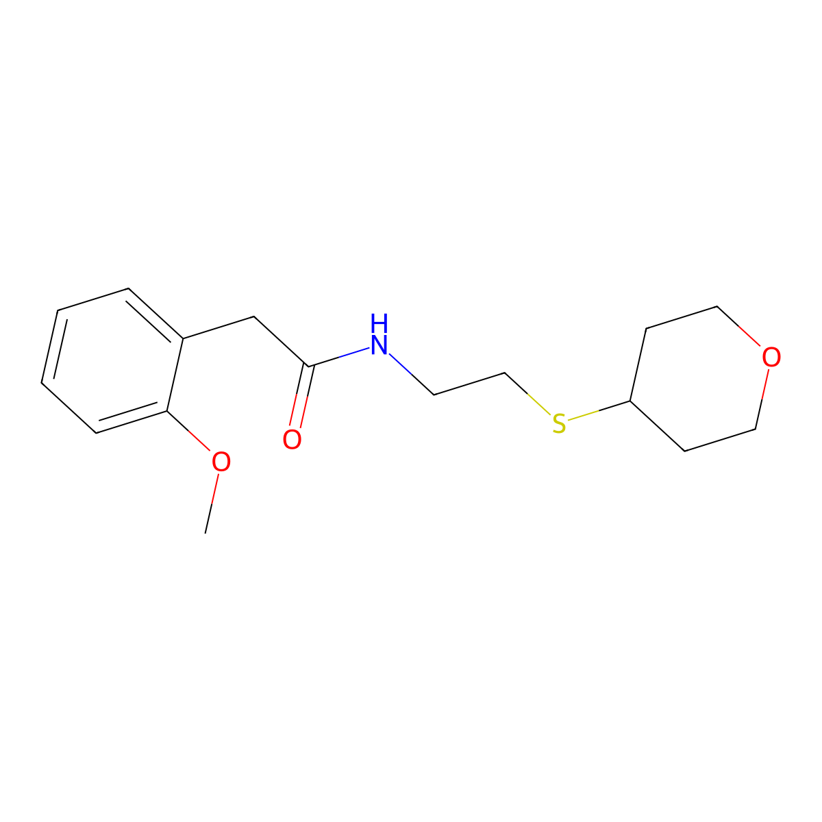 2-(2-methoxyphenyl)-N-[2-(oxan-4-ylsulfanyl)ethyl]acetamide molecular structure, CAS 1903644-40-5