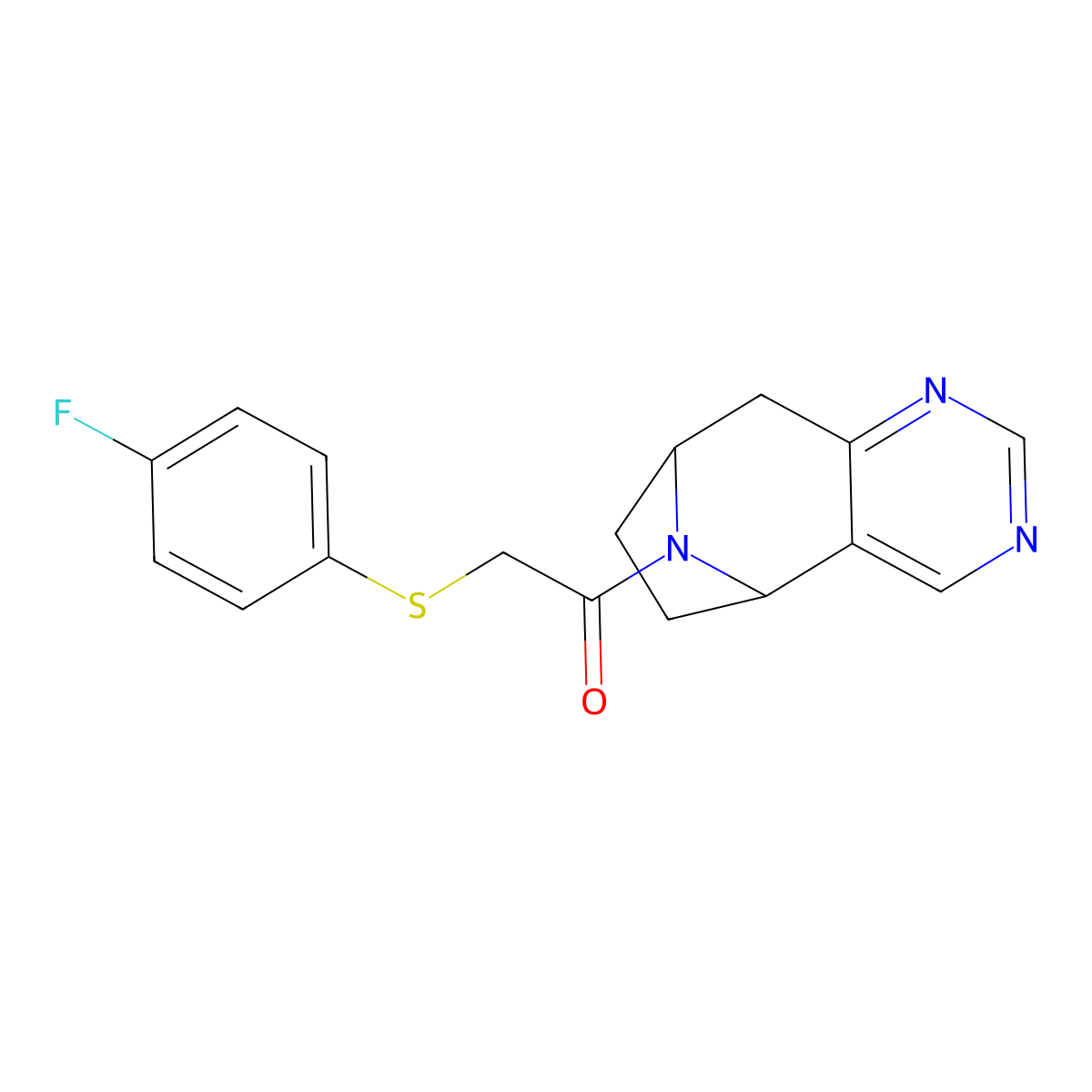 2-((4-fluorophenyl)thio)-1-((5R,8S)-6,7,8,9-tetrahydro-5H-5,8-epiminocyclohepta[d]pyrimidin-10-yl)ethanone molecular structure, CAS 1903648-95-2