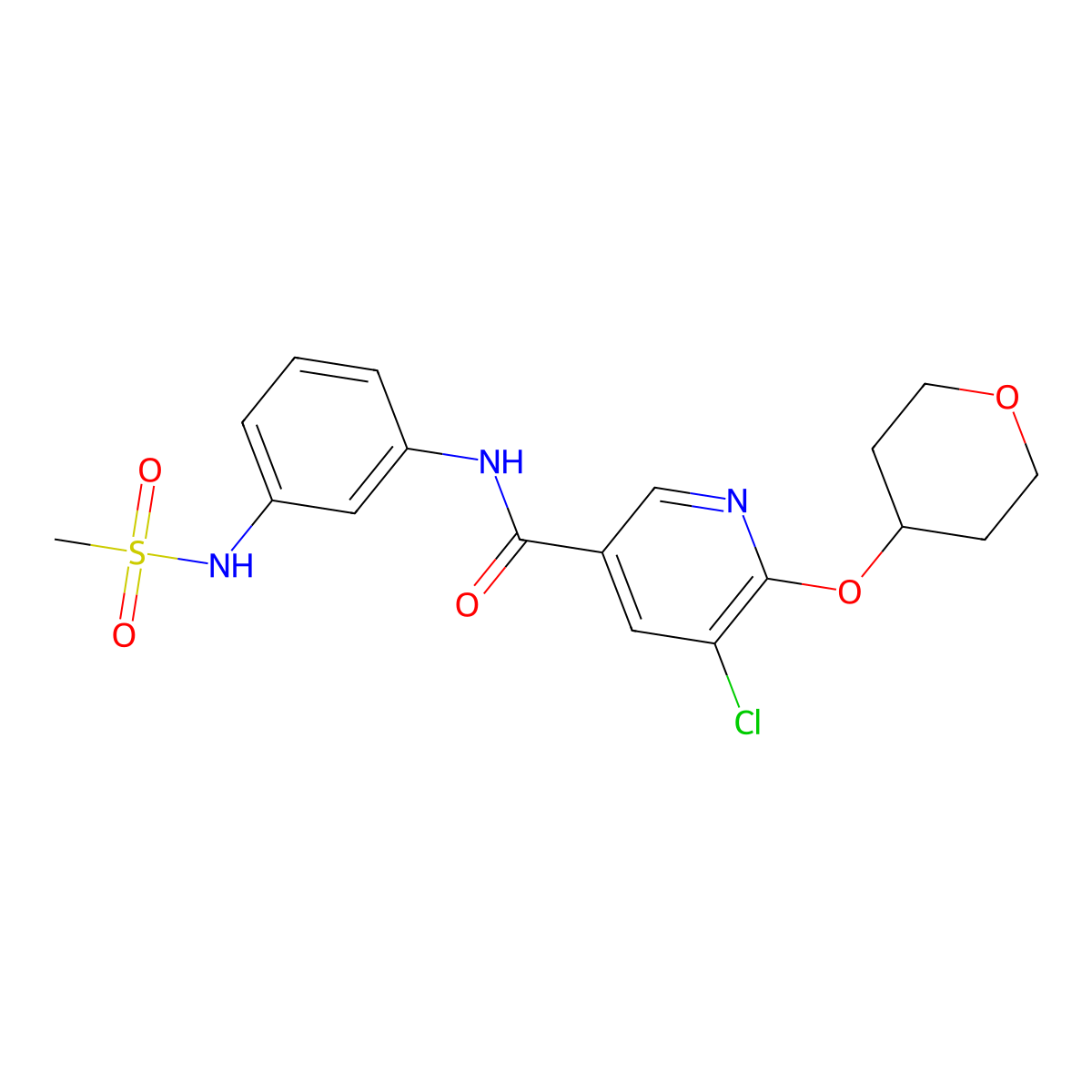 5-chloro-N-(3-(methylsulfonamido)phenyl)-6-((tetrahydro-2H-pyran-4-yl)oxy)nicotinamide molecular structure, CAS 1903651-60-4
