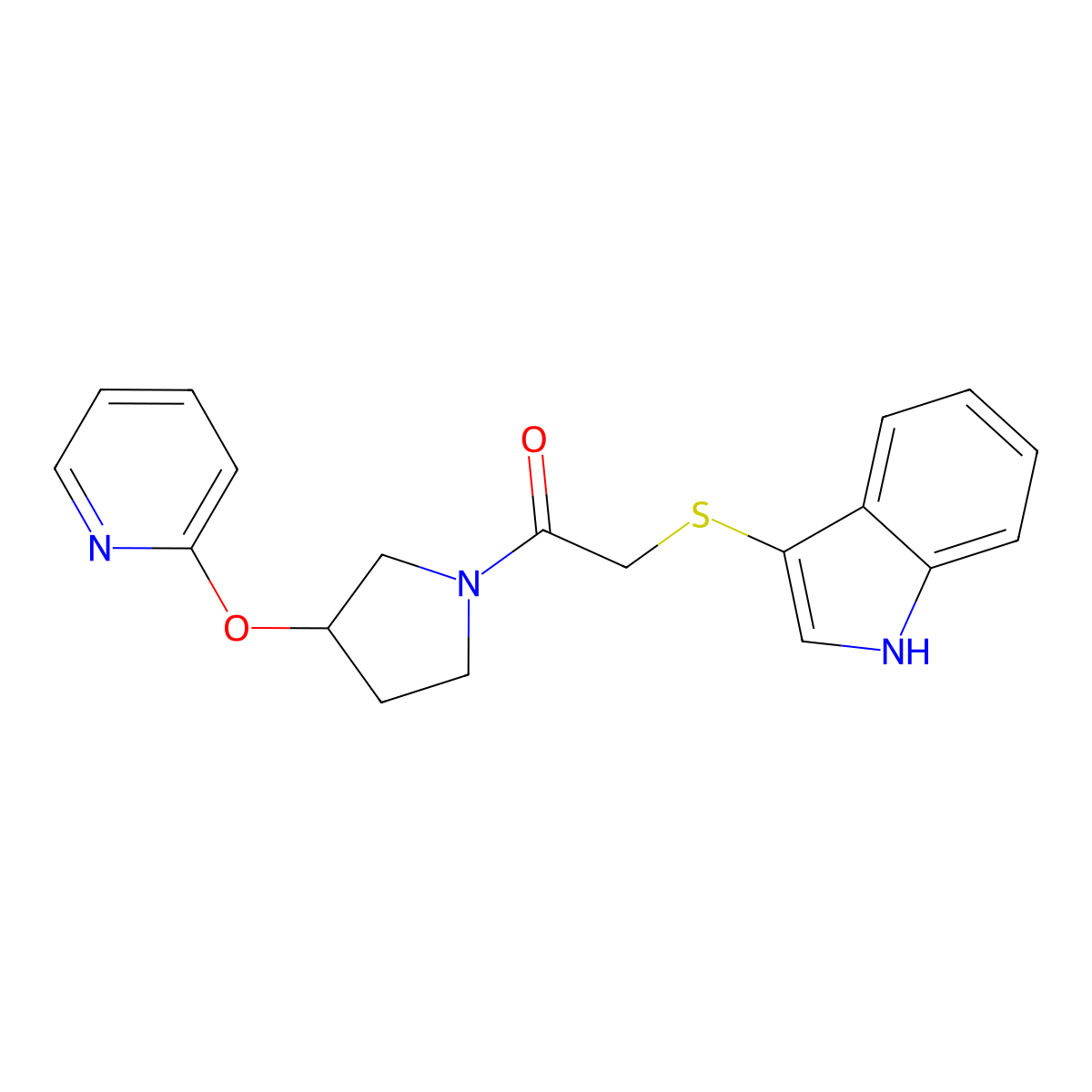 2-((1H-indol-3-yl)thio)-1-(3-(pyridin-2-yloxy)pyrrolidin-1-yl)ethanone molecular structure, CAS 1903653-83-7