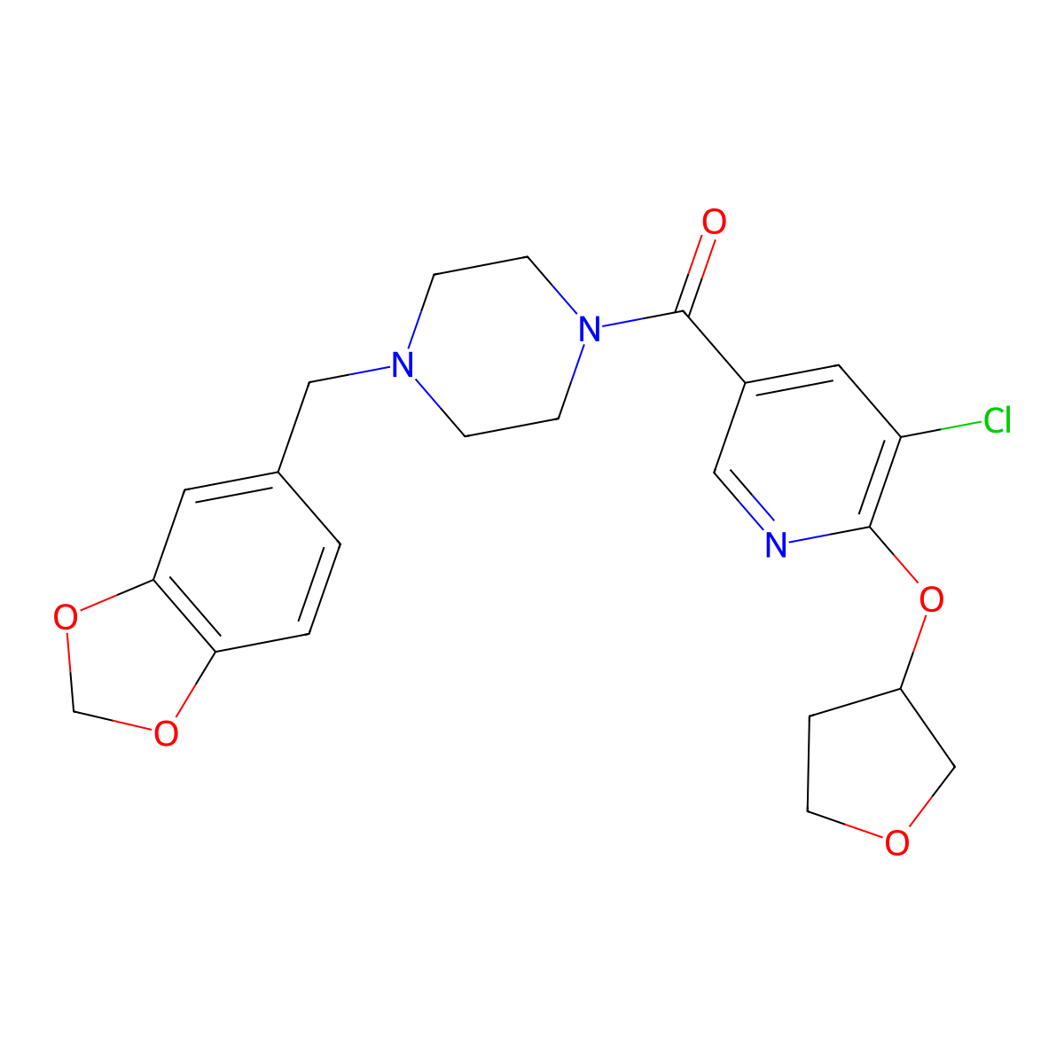(4-(Benzo[d][1,3]dioxol-5-ylmethyl)piperazin-1-yl)(5-chloro-6-((tetrahydrofuran-3-yl)oxy)pyridin-3-yl)methanone molecular structure, CAS 1903655-06-0