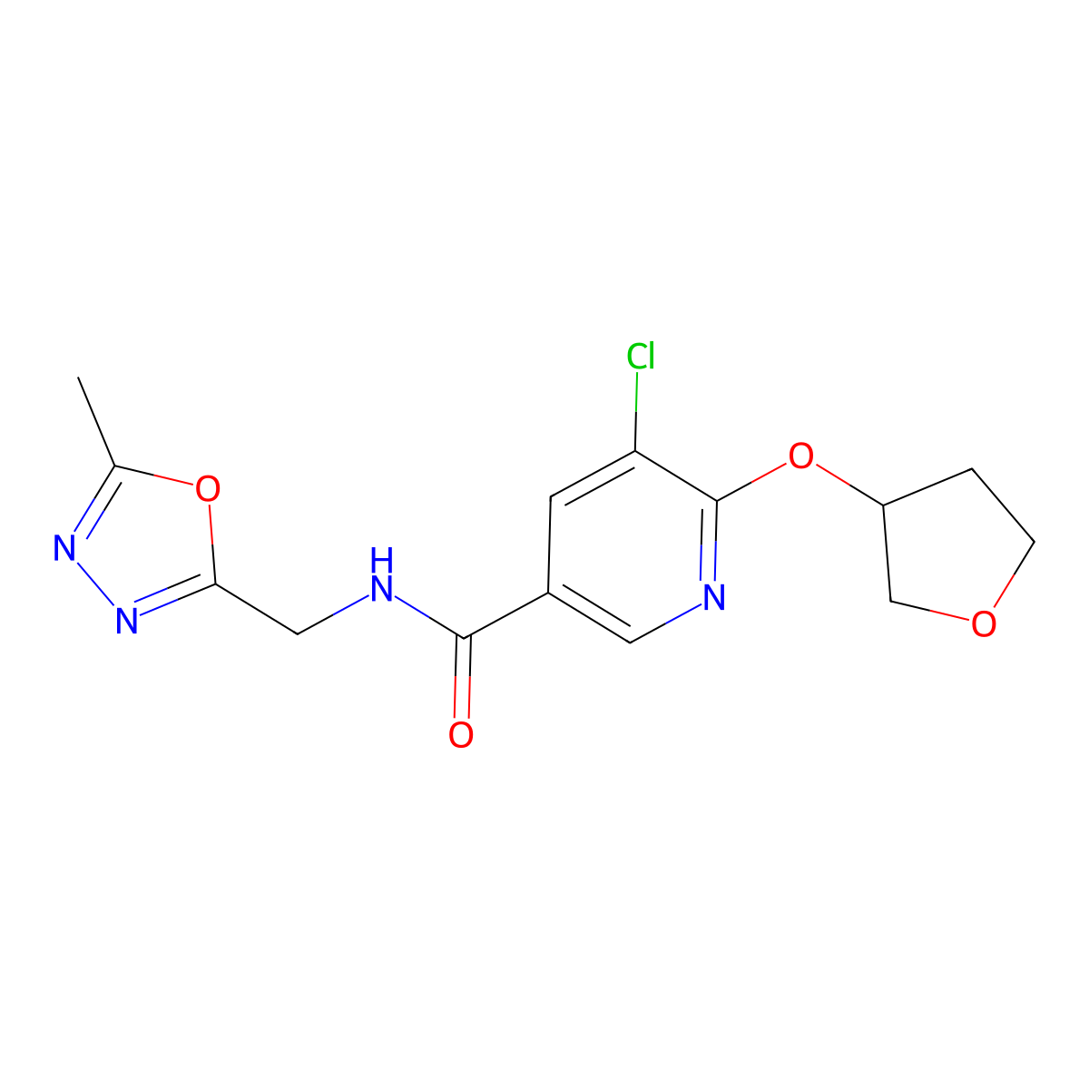 5-chloro-N-((5-methyl-1,3,4-oxadiazol-2-yl)methyl)-6-((tetrahydrofuran-3-yl)oxy)nicotinamide molecular structure, CAS 1903655-20-8