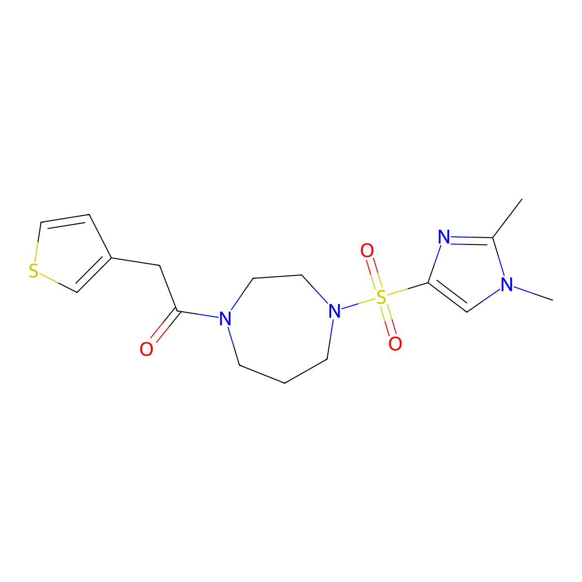 1-{4-[(1,2-dimethyl-1H-imidazol-4-yl)sulfonyl]-1,4-diazepan-1-yl}-2-(thiophen-3-yl)ethan-1-one molecular structure, CAS 1903671-40-8