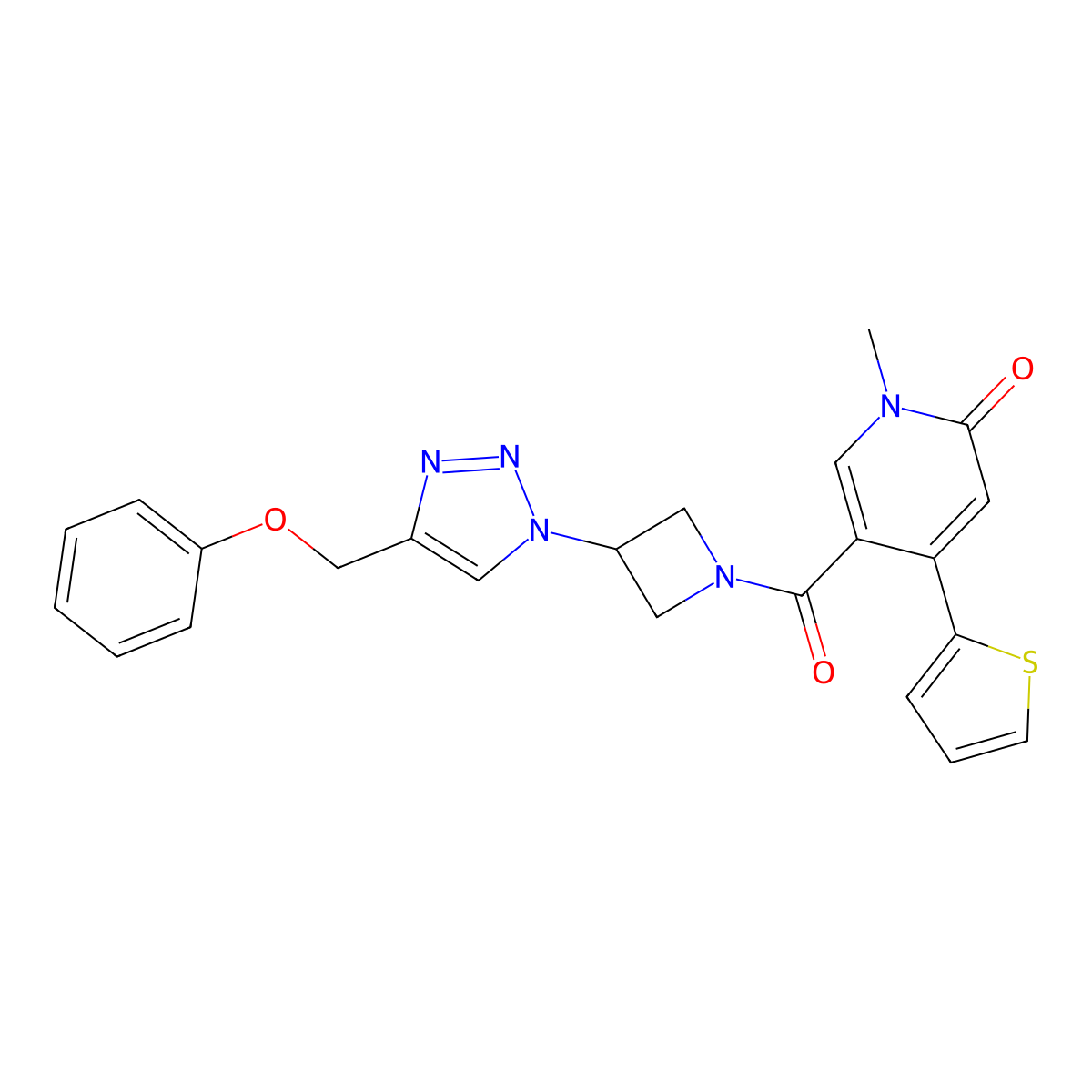 1-methyl-5-(3-(4-(phenoxymethyl)-1H-1,2,3-triazol-1-yl)azetidine-1-carbonyl)-4-(thiophen-2-yl)pyridin-2(1H)-one molecular structure, CAS 1903673-59-5