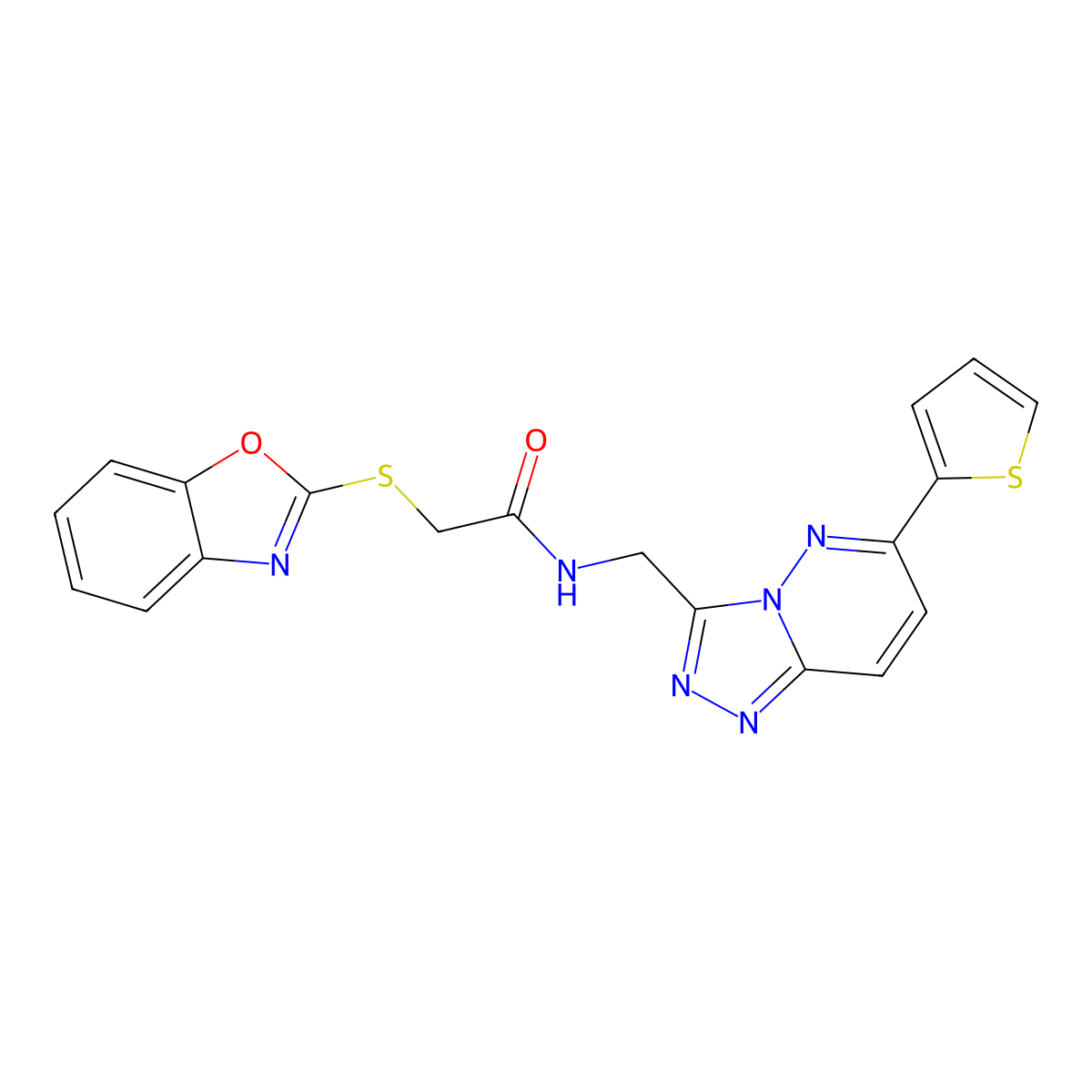 2-(benzo[d]oxazol-2-ylthio)-N-((6-(thiophen-2-yl)-[1,2,4]triazolo[4,3-b]pyridazin-3-yl)methyl)acetamide molecular structure, CAS 1903683-76-0