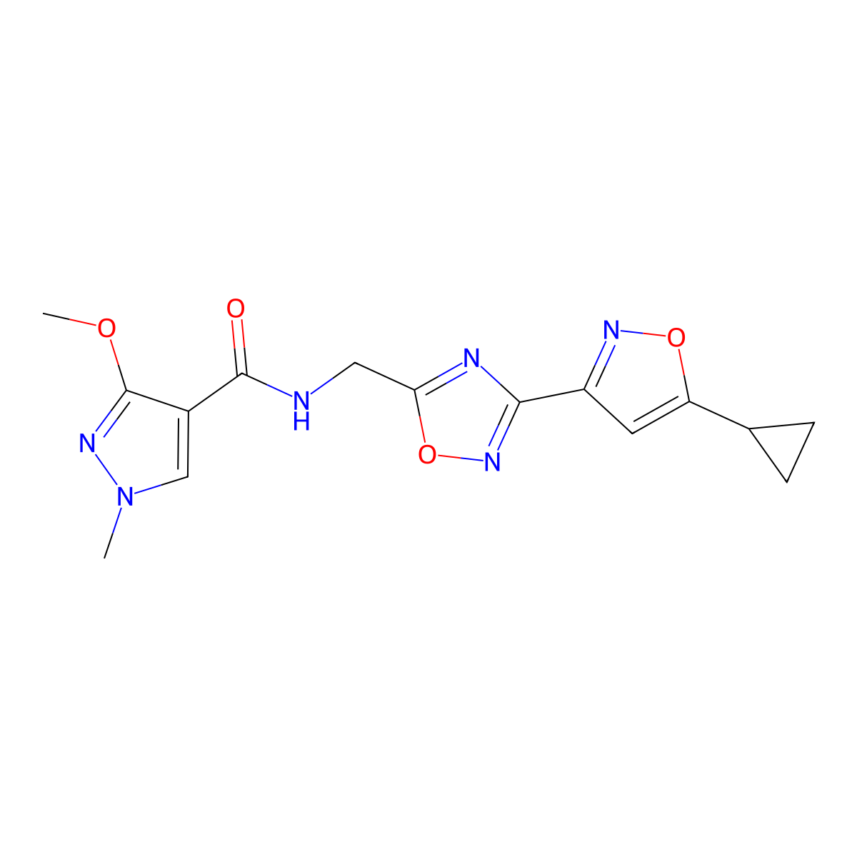 N-((3-(5-cyclopropylisoxazol-3-yl)-1,2,4-oxadiazol-5-yl)methyl)-3-methoxy-1-methyl-1H-pyrazole-4-carboxamide molecular structure, CAS 1903683-88-4