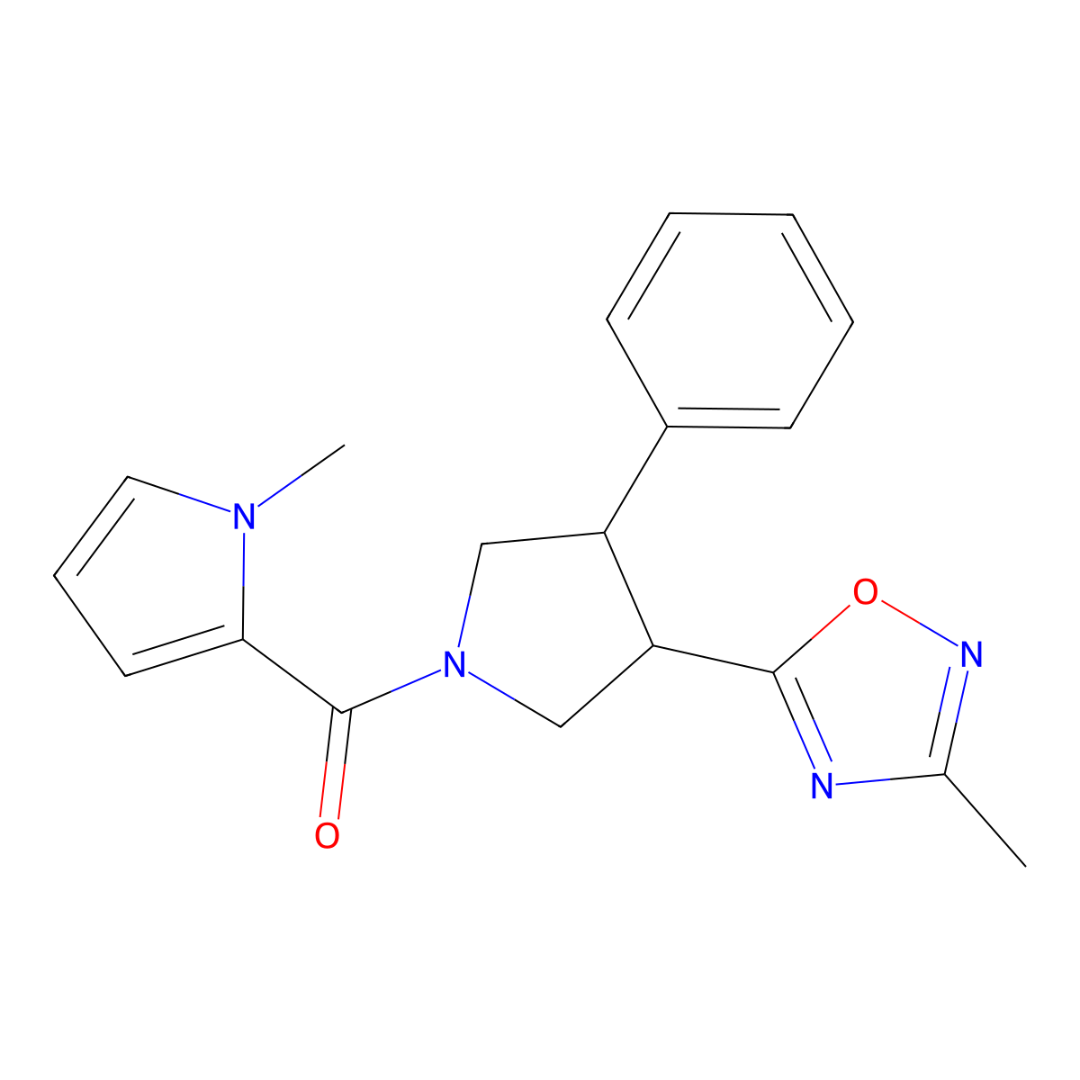 (3-(3-methyl-1,2,4-oxadiazol-5-yl)-4-phenylpyrrolidin-1-yl)(1-methyl-1H-pyrrol-2-yl)methanone molecular structure, CAS 1903689-27-9