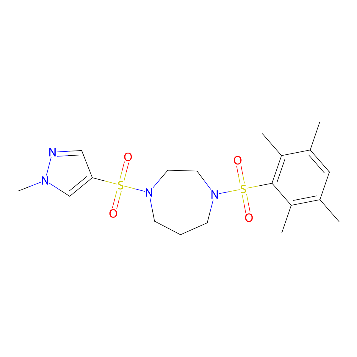 1-((1-methyl-1H-pyrazol-4-yl)sulfonyl)-4-((2,3,5,6-tetramethylphenyl)sulfonyl)-1,4-diazepane molecular structure, CAS 1903694-81-4