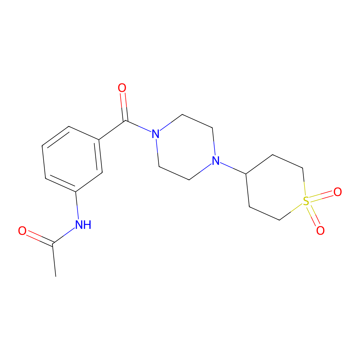 N-(3-(4-(1,1-dioxidotetrahydro-2H-thiopyran-4-yl)piperazine-1-carbonyl)phenyl)acetamide molecular structure, CAS 1903717-46-3