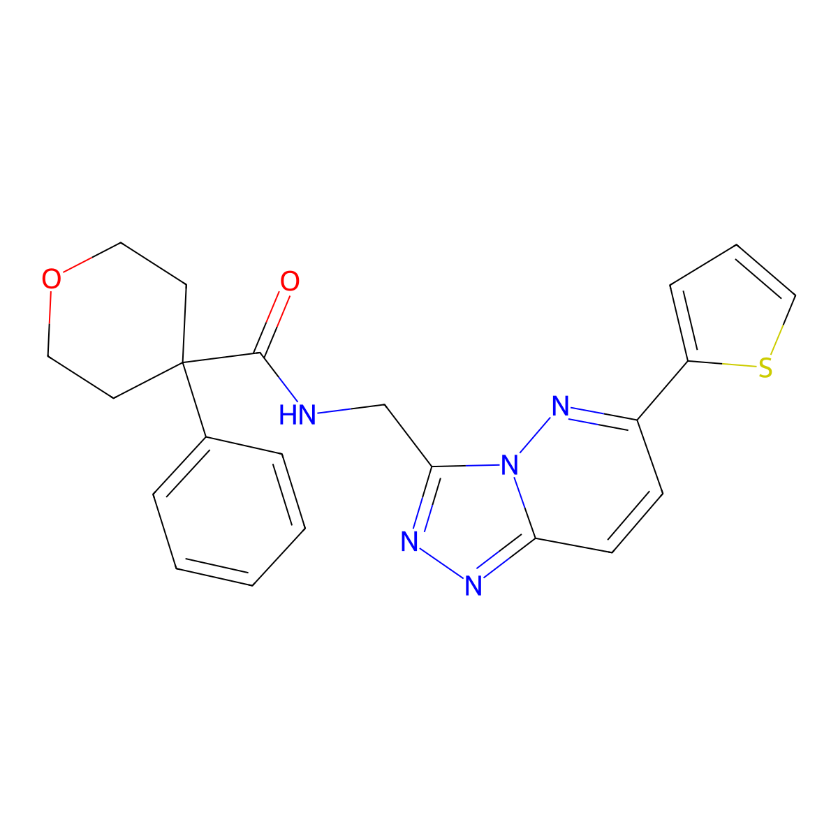 4-phenyl-N-((6-(thiophen-2-yl)-[1,2,4]triazolo[4,3-b]pyridazin-3-yl)methyl)tetrahydro-2H-pyran-4-carboxamide molecular structure, CAS 1903718-17-1