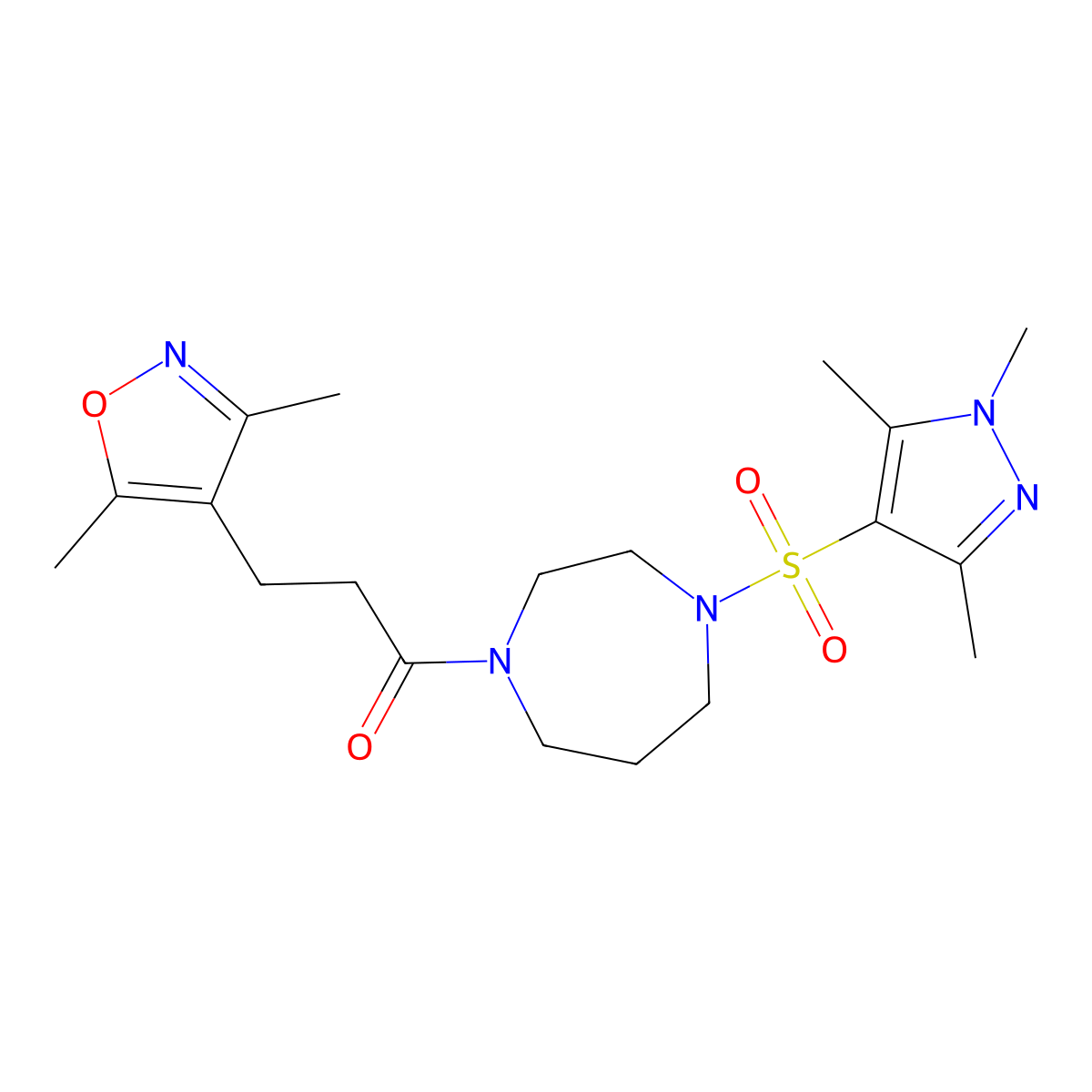 3-(3,5-dimethylisoxazol-4-yl)-1-(4-((1,3,5-trimethyl-1H-pyrazol-4-yl)sulfonyl)-1,4-diazepan-1-yl)propan-1-one molecular structure, CAS 1903718-37-5