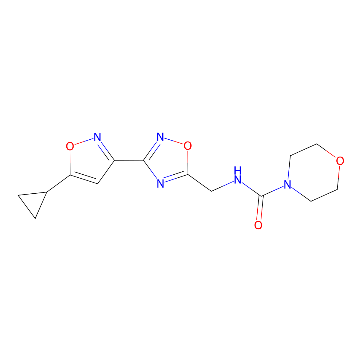N-((3-(5-cyclopropylisoxazol-3-yl)-1,2,4-oxadiazol-5-yl)methyl)morpholine-4-carboxamide molecular structure, CAS 1903729-21-4