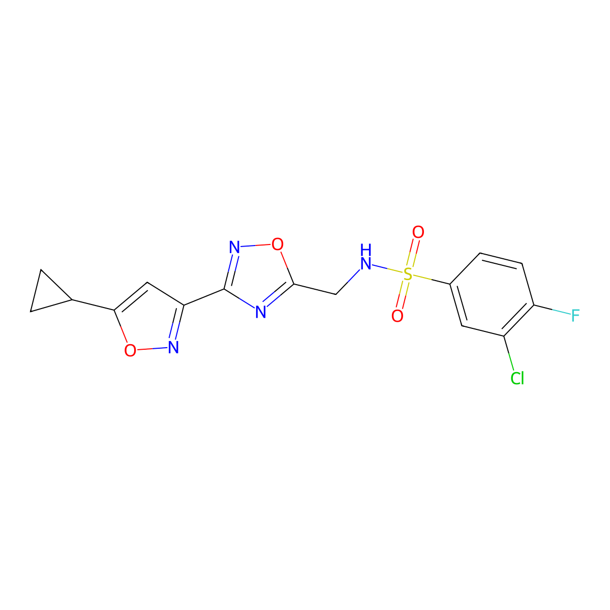 3-chloro-N-((3-(5-cyclopropylisoxazol-3-yl)-1,2,4-oxadiazol-5-yl)methyl)-4-fluorobenzenesulfonamide molecular structure, CAS 1903729-37-2