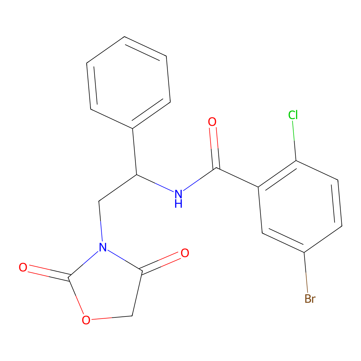 5-bromo-2-chloro-N-(2-(2,4-dioxooxazolidin-3-yl)-1-phenylethyl)benzamide molecular structure, CAS 1903752-97-5