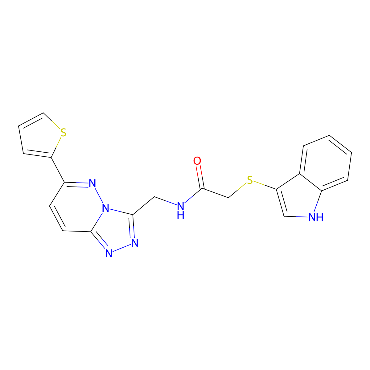 2-((1H-indol-3-yl)thio)-N-((6-(thiophen-2-yl)-[1,2,4]triazolo[4,3-b]pyridazin-3-yl)methyl)acetamide molecular structure, CAS 1903764-89-5