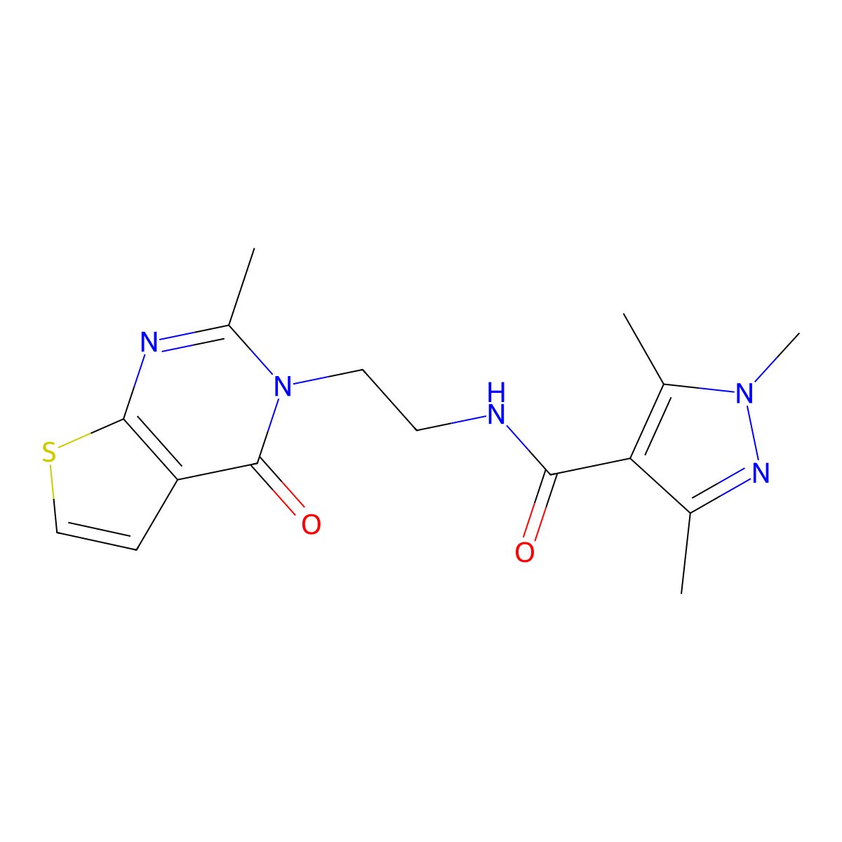 1,3,5-trimethyl-N-(2-(2-methyl-4-oxothieno[2,3-d]pyrimidin-3(4H)-yl)ethyl)-1H-pyrazole-4-carboxamide molecular structure, CAS 1903781-26-9