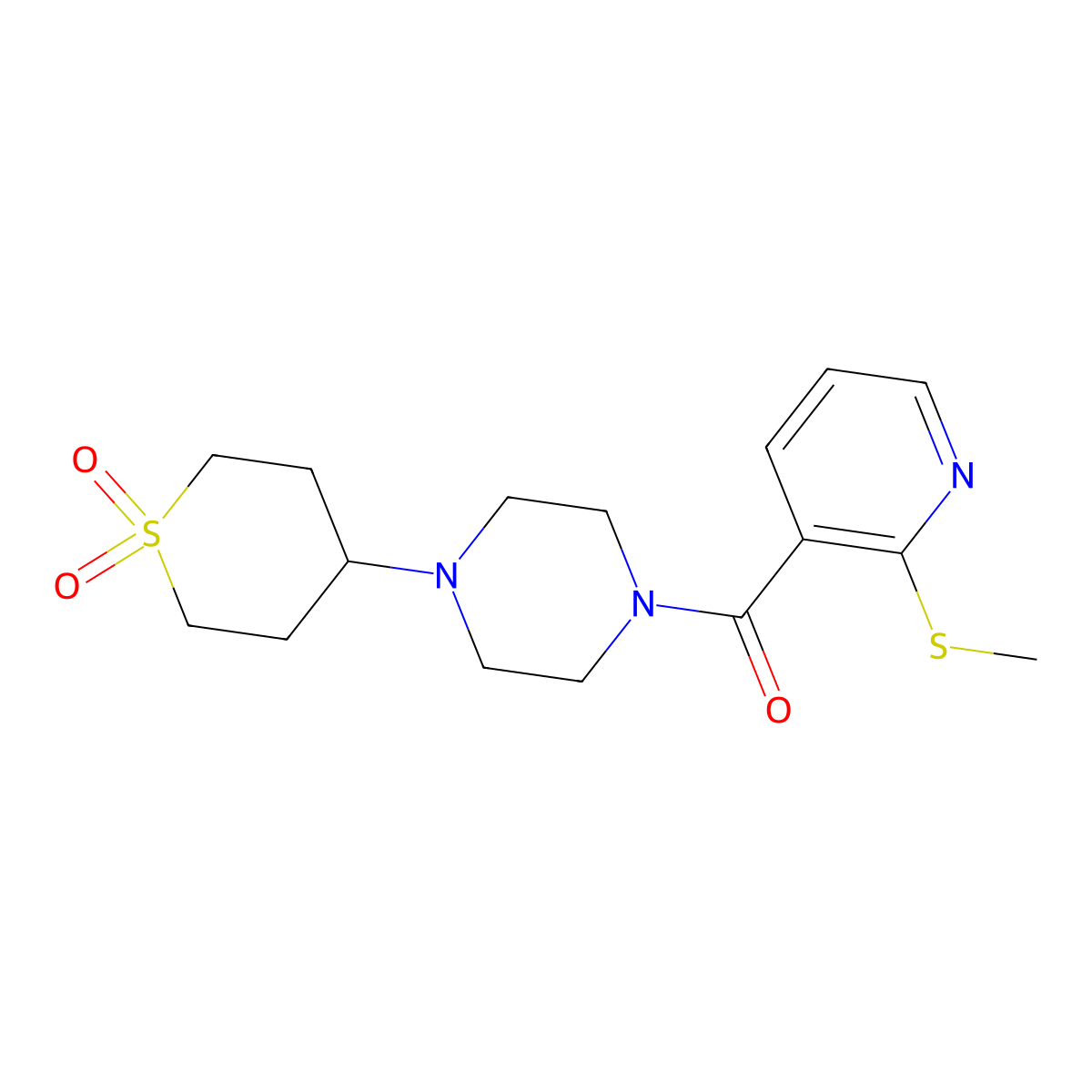 (4-(1,1-dioxidotetrahydro-2H-thiopyran-4-yl)piperazin-1-yl)(2-(methylthio)pyridin-3-yl)methanone molecular structure, CAS 1903781-68-9