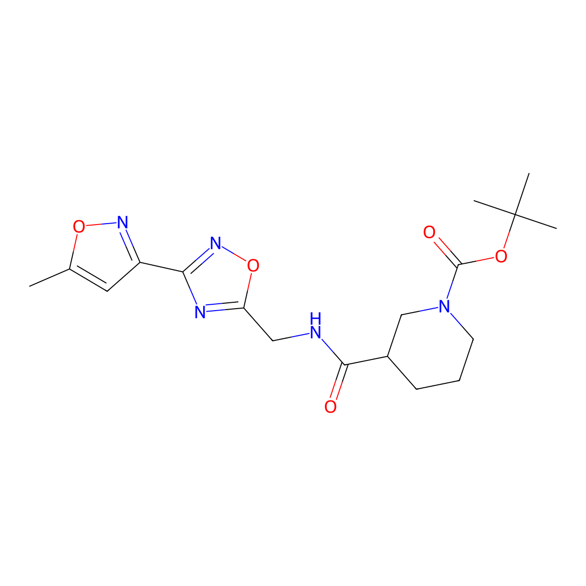 Tert-butyl 3-(((3-(5-methylisoxazol-3-yl)-1,2,4-oxadiazol-5-yl)methyl)carbamoyl)piperidine-1-carboxylate molecular structure, CAS 1903784-35-9