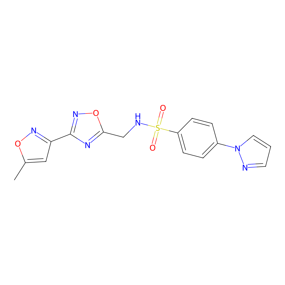 N-((3-(5-methylisoxazol-3-yl)-1,2,4-oxadiazol-5-yl)methyl)-4-(1H-pyrazol-1-yl)benzenesulfonamide molecular structure, CAS 1903784-74-6