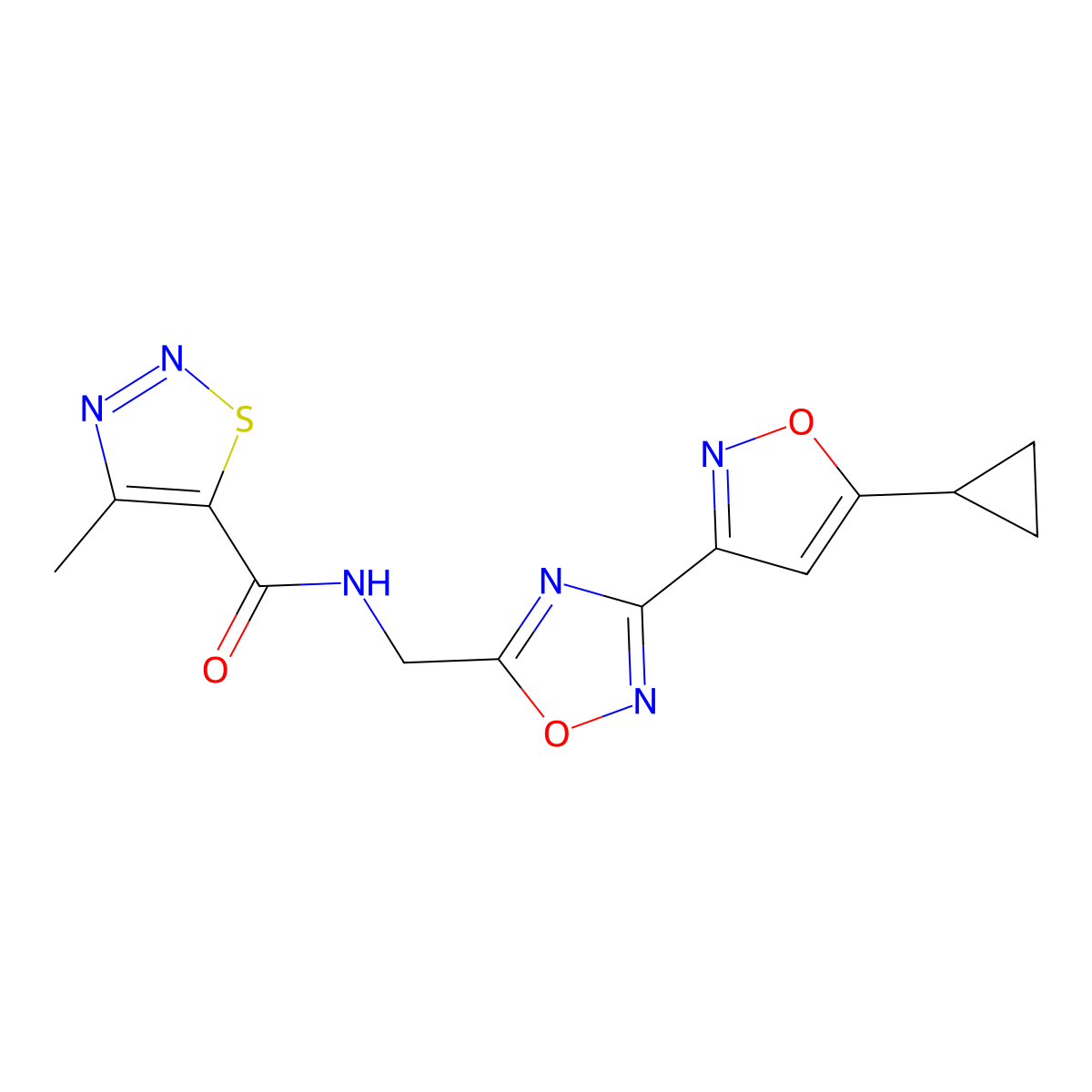 N-((3-(5-cyclopropylisoxazol-3-yl)-1,2,4-oxadiazol-5-yl)methyl)-4-methyl-1,2,3-thiadiazole-5-carboxamide molecular structure, CAS 1903784-92-8