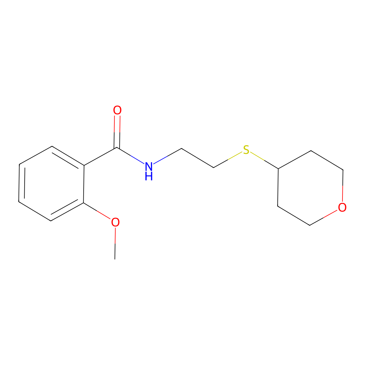 2-methoxy-N-(2-((tetrahydro-2H-pyran-4-yl)thio)ethyl)benzamide molecular structure, CAS 1903788-67-9