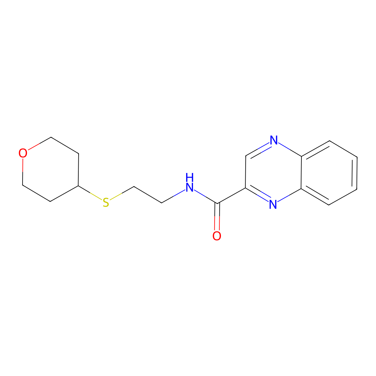 N-(2-((tetrahydro-2H-pyran-4-yl)thio)ethyl)quinoxaline-2-carboxamide molecular structure, CAS 1903788-87-3