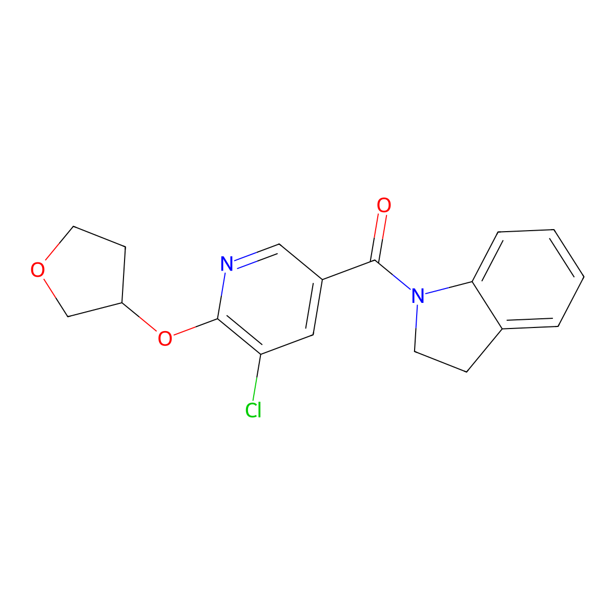 (5-Chloro-6-((tetrahydrofuran-3-yl)oxy)pyridin-3-yl)(indolin-1-yl)methanone molecular structure, CAS 1903795-38-9