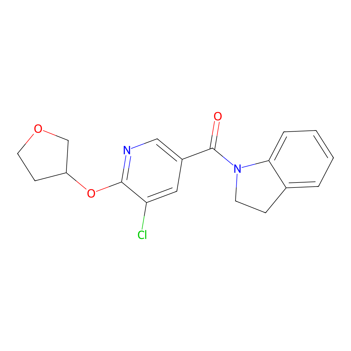 (5-Chloro-6-((tetrahydrofuran-3-yl)oxy)pyridin-3-yl)(indolin-1-yl)methanone molecular structure, CAS 1903795-38-9