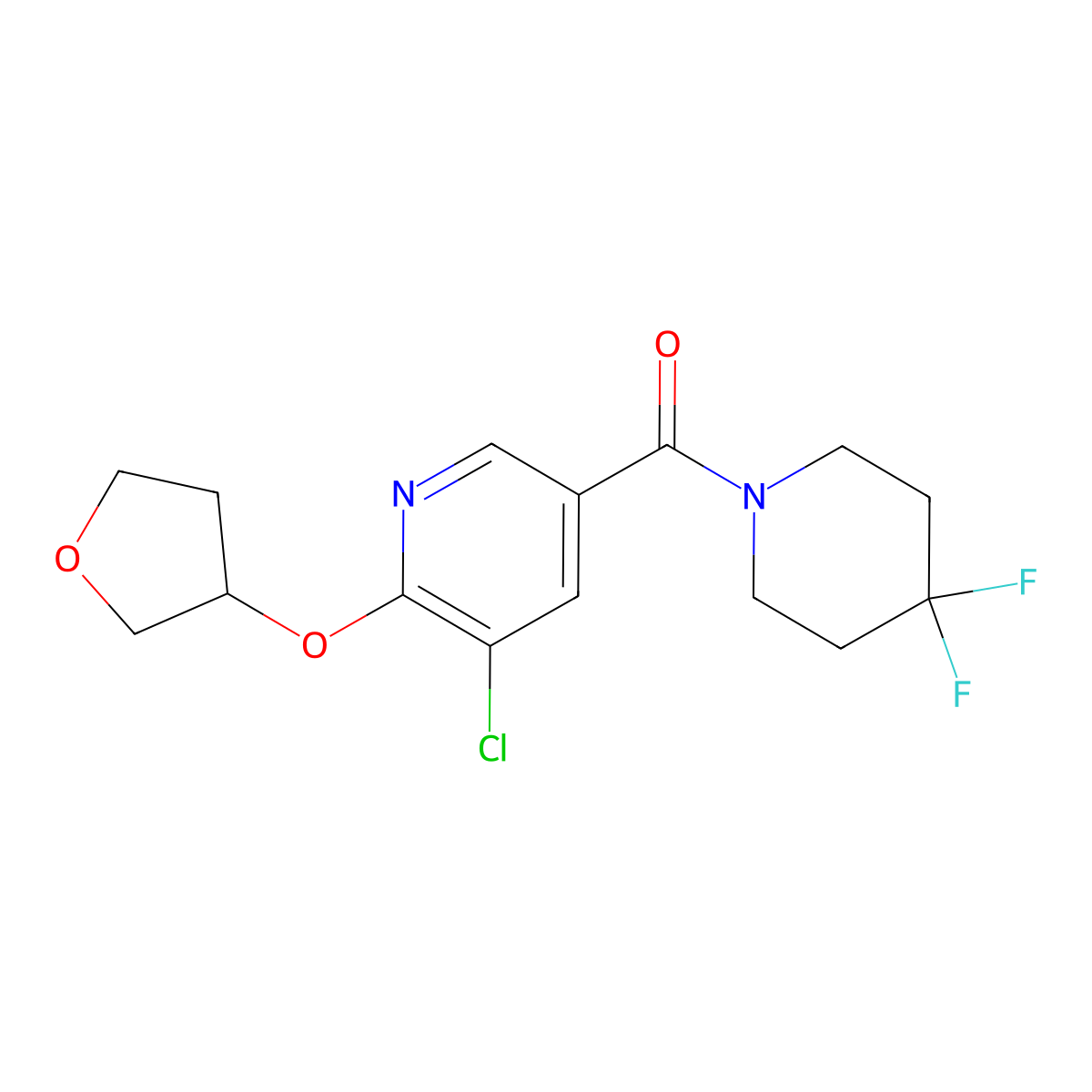 (5-Chloro-6-((tetrahydrofuran-3-yl)oxy)pyridin-3-yl)(4,4-difluoropiperidin-1-yl)methanone molecular structure, CAS 1903795-91-4