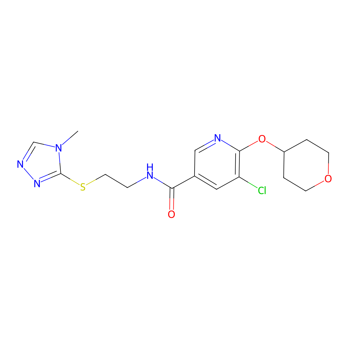 5-chloro-N-(2-((4-methyl-4H-1,2,4-triazol-3-yl)thio)ethyl)-6-((tetrahydro-2H-pyran-4-yl)oxy)nicotinamide molecular structure, CAS 1903810-51-4
